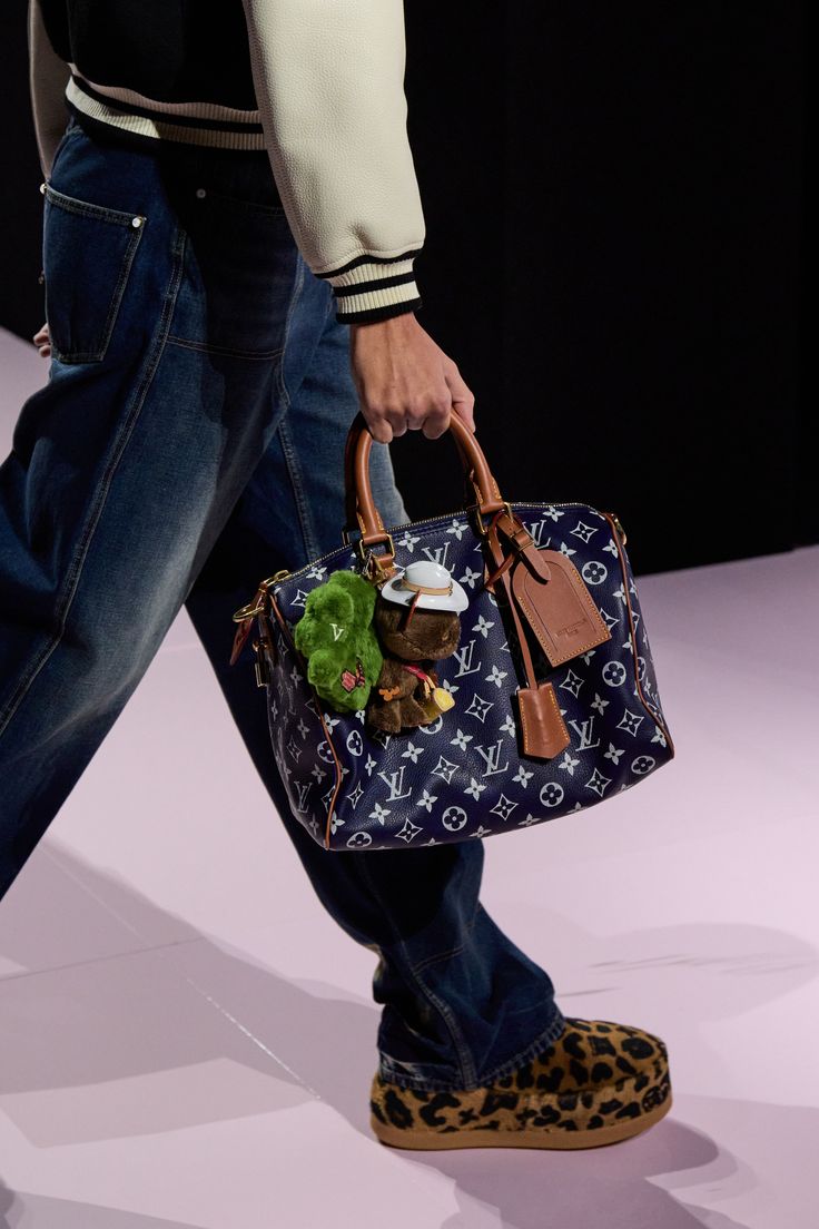 Navy Monogram Travel Boston Bag with Brown Leather Handles