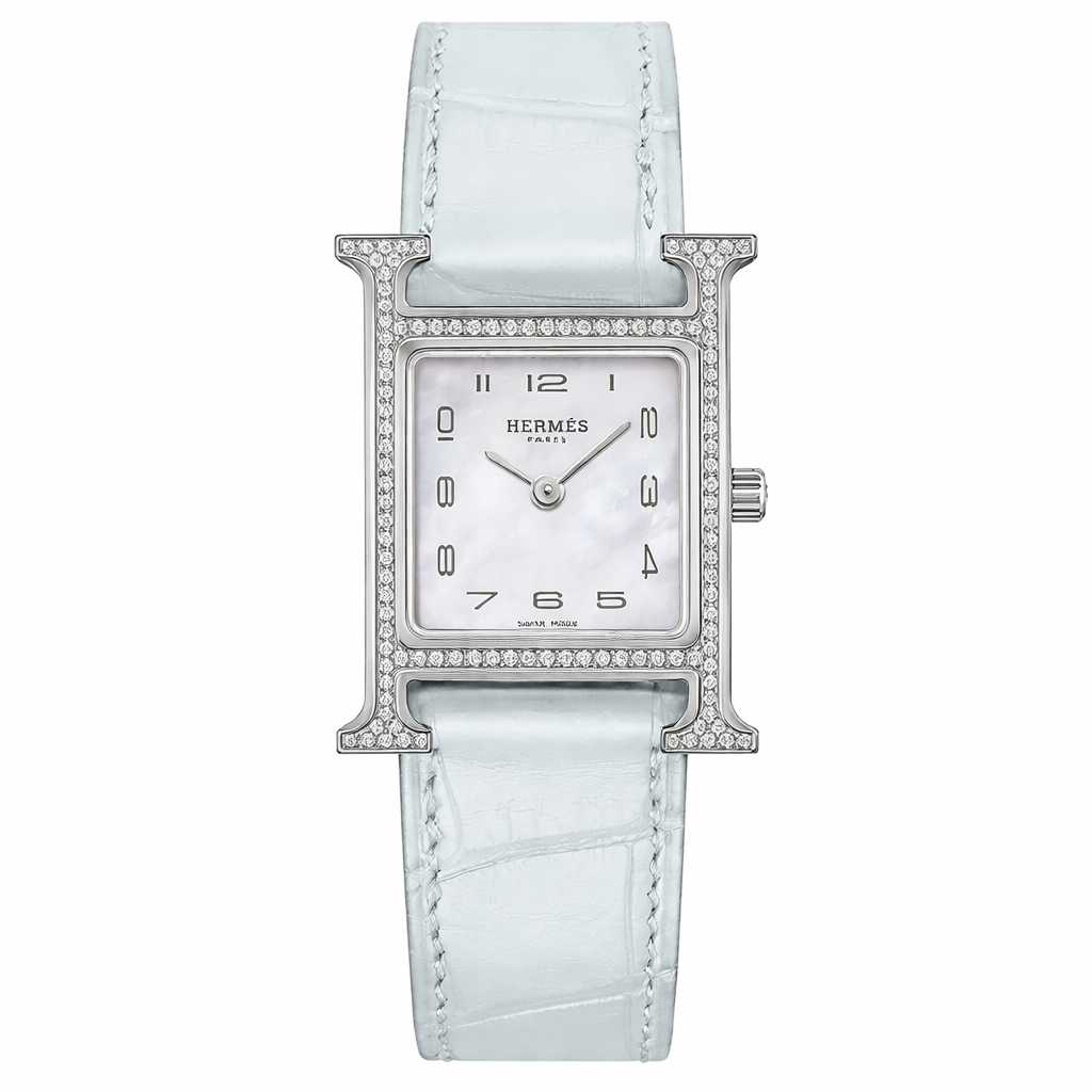 Luxury Diamond H Watch – 18K White Gold Plated Frame & Genuine Leather Strap