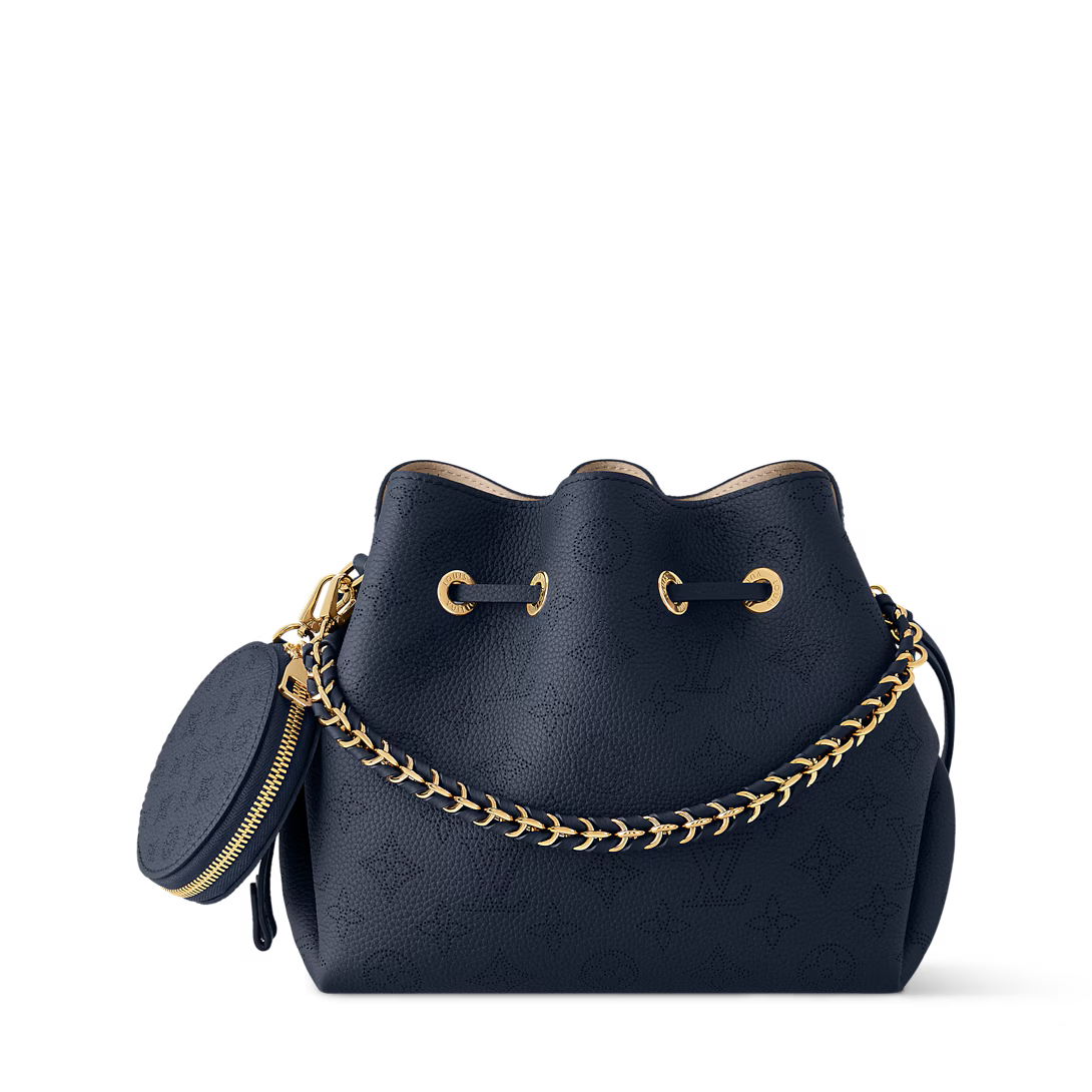 Perforated Leather Bucket Bag with Coin Pouch & Chain Handle